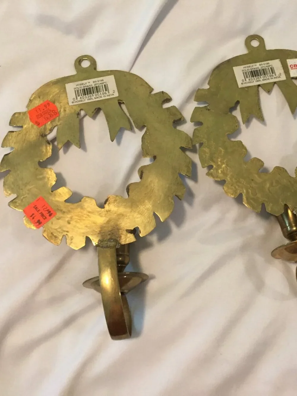 2 Vintage Hosley International Solid Brass Christmas Wreath Wall Candle Sconce